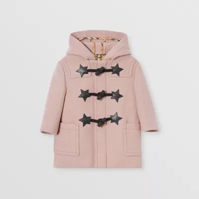 Faux Leather Star Detail Wool Blend Duffle Coat