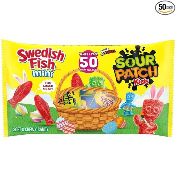 SOUR PATCH KIDS and SWEDISH FISH Mini Soft & Chewy Easter Candy Variety Pack, 50 Snack Packs