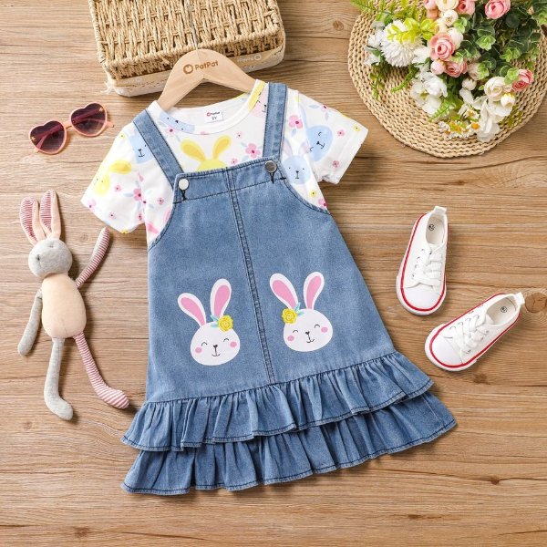 2pcs Sweet Toddler Girl Dress Set with Ruffle Edge and Cute Rabbit Print
