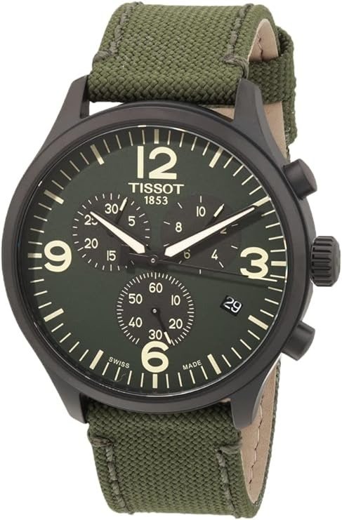 Mens Chrono XL 316L Stainless Steel case with Black PVD Coating Quartz Watch, Green, Fabric, 22 (T1166173709700)