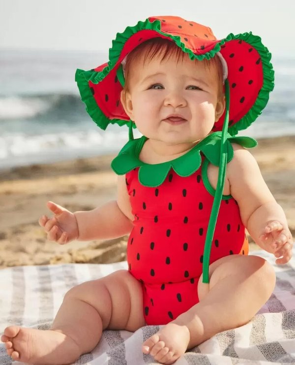 Baby Strawberry Swim Suit & Floppy Sun Hat Set
