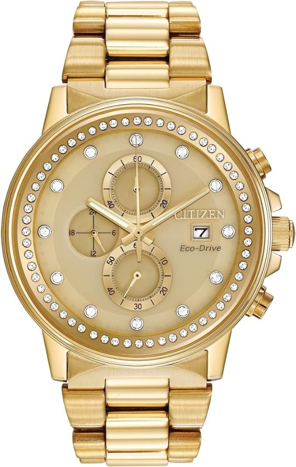 Men's Eco-Drive Classic Crystal Watch in Gold-tone Stainless Steel, Champagne Dial (Model: FB3002-53P)