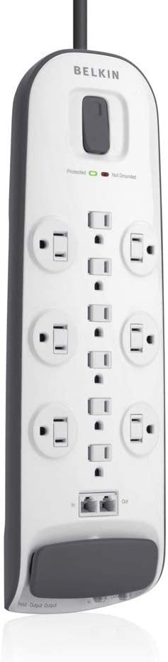 12-Outlet Advanced Power Strip Surge Protector, 8ft Cord and Ethernet, Cable, Satellite,Telephone and Coaxial Protection, 4000 Joules, White