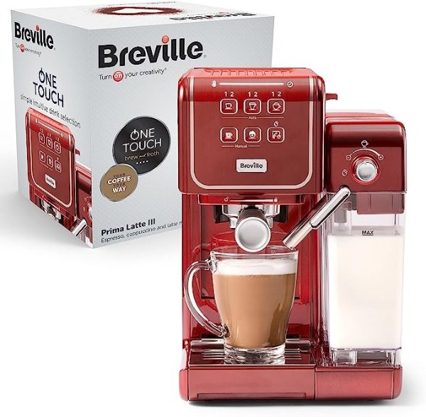 VCF147X Prima Latte III 全自动咖啡机 | 用于浓缩咖啡、卡布奇诺和牛奶咖啡 | 19 bar 意大利泵和奶泡器 | 与 ESE 垫兼容 | 红色