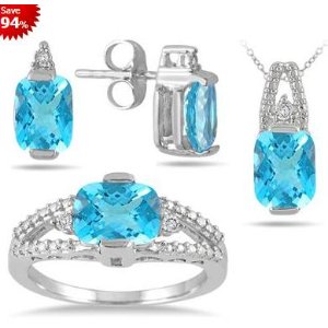 5.75 Carat Genuine Swiss Blue Topaz and Diamond Matching Ensemble in .925 Sterling Silver