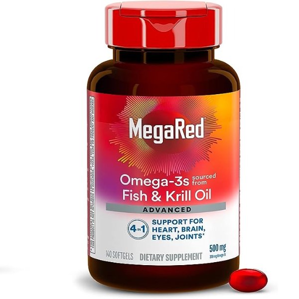 Omega-3 Fish Oil + High Absorption Krill Oil Supplement 500mg, MegaRed Advanced 4in1 Softgels (140 Count In A Bottle), Concentrated Omega-3 Fish & Krill Oil Supplement