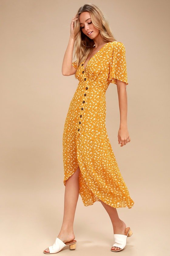 After-Bloom Delight Golden Yellow Floral Print Midi Dress