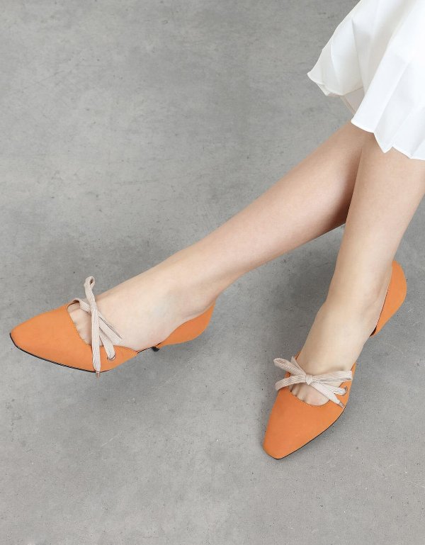 Orange Bow Detail D'Orsay Kitten Heels | CHARLES & KEITH