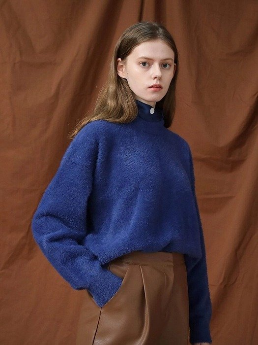 Soft Angora Round Neck Knit Sweater Blue