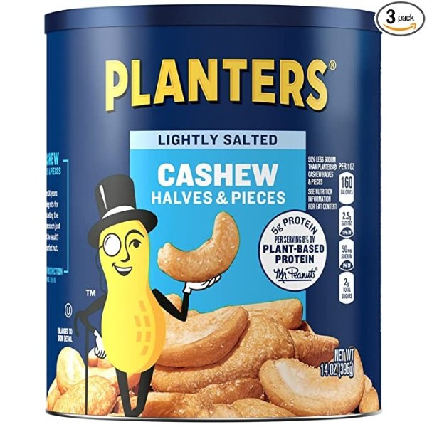 Lightly Salted Cashew Halves & Pieces, 14 oz Canister (Pack of 3), Cashews Roasted in Peanut Oil with Sea Salt, Snacks for Adults, Resealable Lid for Long-Lasting Freshness, Kosher