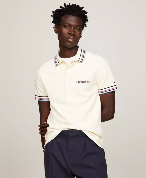 Men's Bubble Stitch Contrast Global Stripe Short Sleeve Polo Shirt