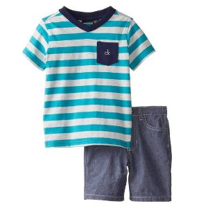 Calvin Klein Little Boys' Blue Stripes V-Neck T-Shirt with Denim Short Set
