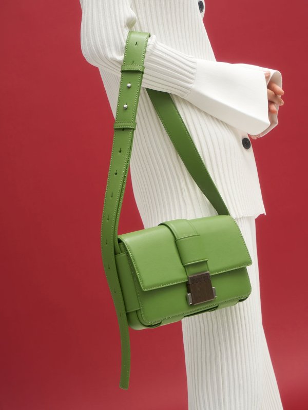 Green Front Flap Push Lock Crossbody Bag | CHARLES &amp; KEITH