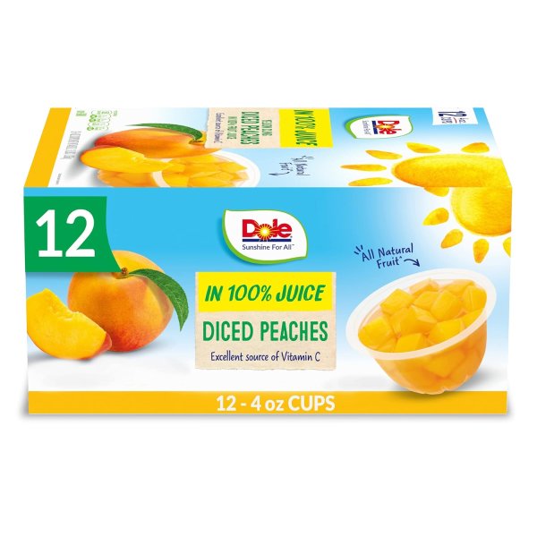 Fruit Bowls Diced Peaches in 100% Juice, Back To School, Gluten Free Healthy Snack, 4 oz (Pack of 12)