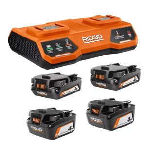 RIDGID 18V Dual Port Simultaneous Charger with (2) 2.0 Ah Batteries, (2) 4.0 Ah Batteries