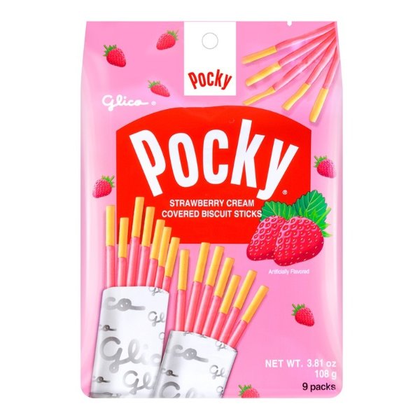 GLICO Pocky Strawberry Cream Covered Biscuit Sticks Family Pack 9 Packs