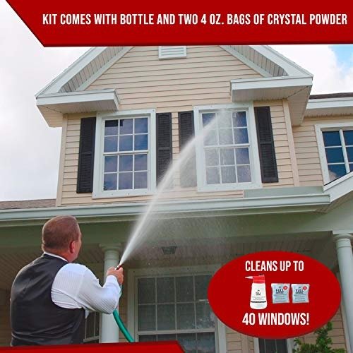 Kit - Bottle, Lid with Hose Attachment, and Two 4 oz. Crystal Powder Exterior Window Cleaner Packets for Glass and Screens (Cleans Up to 40 Windows)