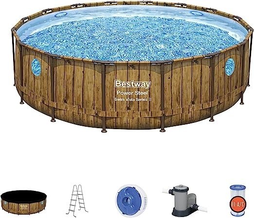Power Steel Swim Vista Series II 16' x 48" Round Above Ground Outdoor Swimming Pool Set with Built-in Windows, Filter Pump, Ladder, and Cover