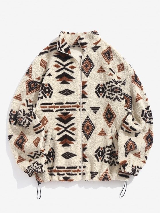 ZAFUL Women's Ethnic Geometric Print Faux Fur Toggle Drawstring Hem Zip Up Drop Shoulder Stand Collar Coat - Coffee Xl