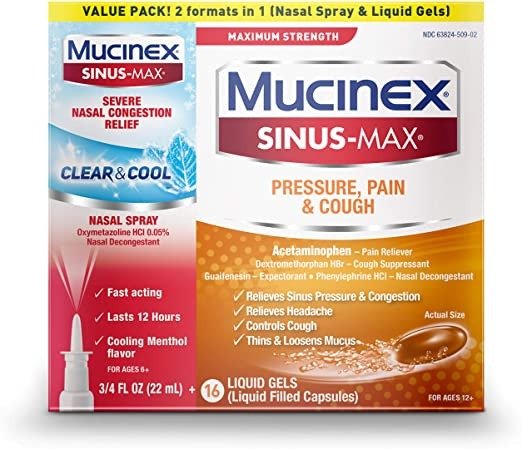 Sinus-Max Maximum Strength Pressure, Pain & Cough Liquid Gels 16 count and Sinus-Max Severe Nasal Congestion Relief Clear & Cool Nasal Spray 3/4 FL OZ, Multi-Symptom Relief, Combo Value Pack