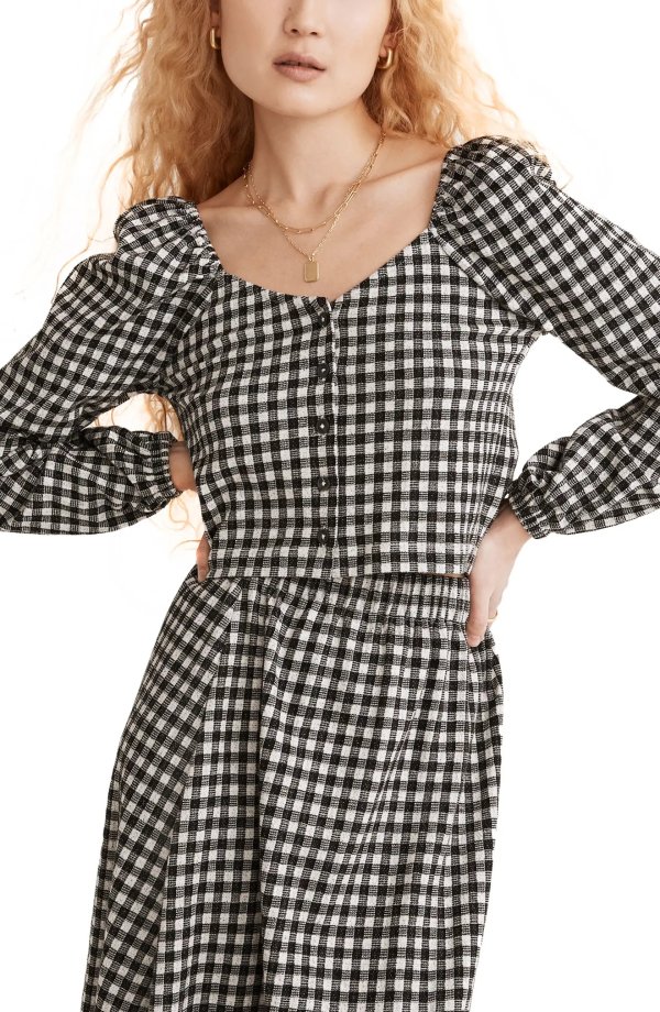 Gingham Puff Sleeve Button Front Crop Top