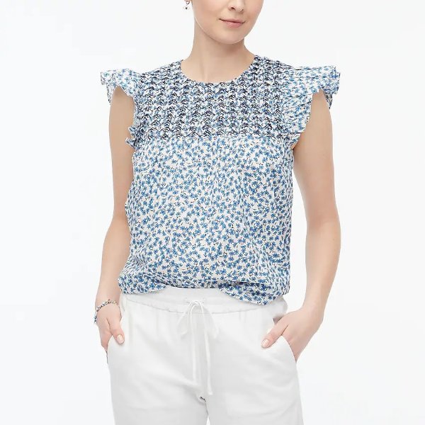 Embroidered flutter-sleeve top
