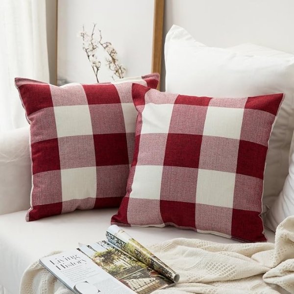 Christmas Pack of 2 Classic Farmhouse Buffalo Check Plaids Linen Soft Soild Decorative Square Throw Pillow Covers Home Decor Outdoor Cushion Case for Sofa Bedroom 18x18 Inch, White and Red