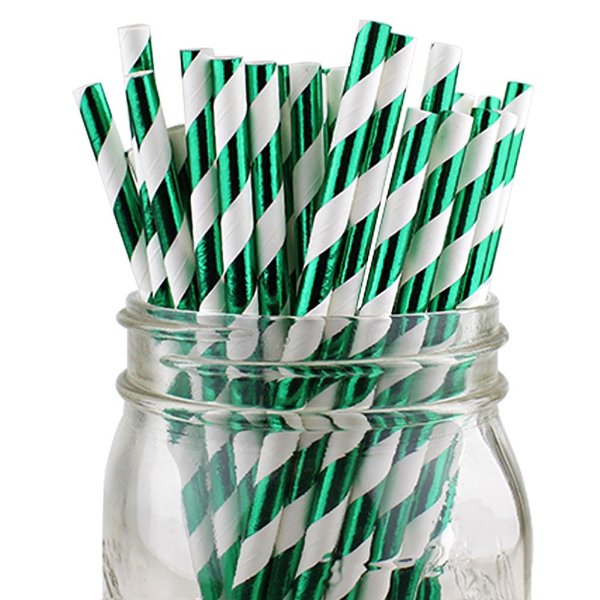 100pcs Decorative Striped Paper Straws (Striped, Metallic Kelly Green) - Decorative Paper Straws for Birthday Parties, Weddings, Baby Showers, and Life Celebrations!