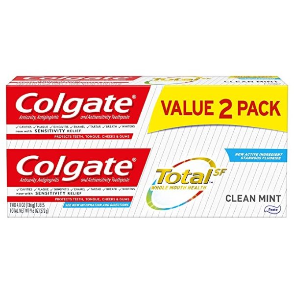 Total Toothpaste with Whitening, Multi Benefit Stannous Fluoride and Zinc Toothpaste with Sensitivity Relief and Cavity Protection, Clean Mint - 4.8 ounce (2 Pack)