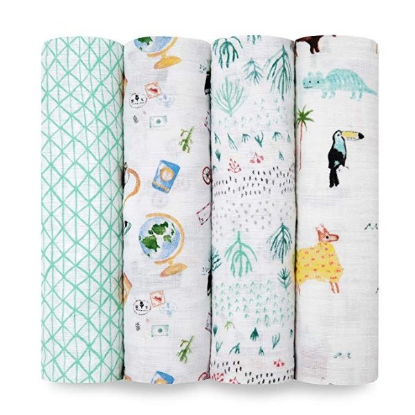 Swaddle Blanket | Boutique Muslin Blankets for Girls & Boys | Baby Receiving Swaddles | Ideal Newborn & Infant Swaddling Set | Perfect Shower Gifts, 4 Pack, Around the World