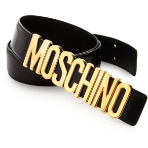 Moschino  Wide Leather Logo-Buckle Belt @ Neiman Marcus