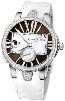 Executive Dual Time Automatic Brown Diamond Dial Ladies Rubber Watch