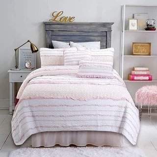 Cozy Line Pretty in Pink Ruffle Stripe Cotton Quilt Bedding Set - Twin - 2 Piece