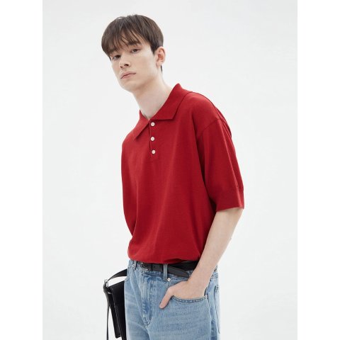 Blouson Minimal Knit Polo Shirt_Red