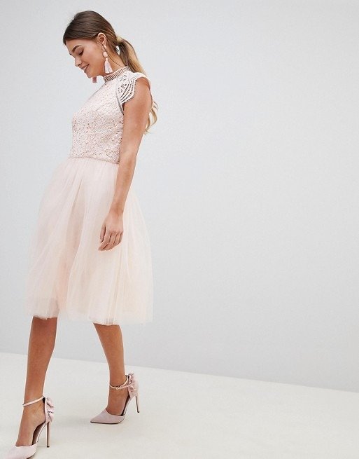 Cap Sleeve Lace 2 in 1 Midi Dress with Tulle Skirt at asos.com