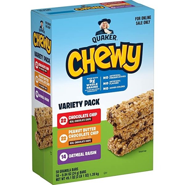Chewy Granola Bars, 3 Flavor Variety Pack,58 Count (Pack of 1)