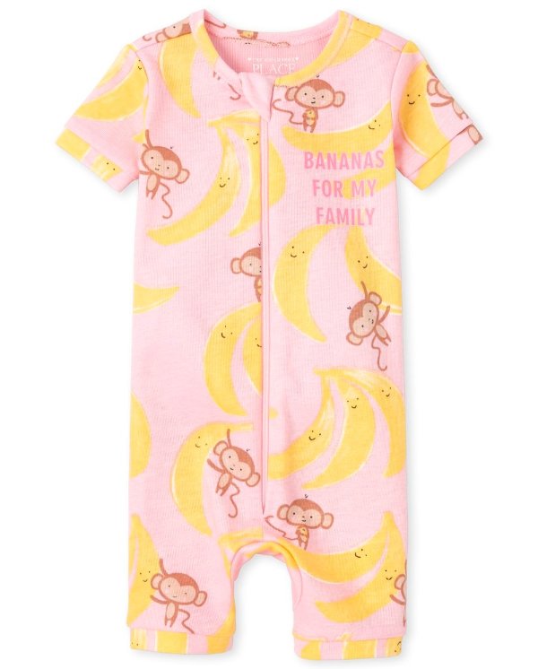 Baby And Toddler Girls Short Sleeve 'Bananas For My Family' Banana Print Matching Snug Fit Cotton Cropped One Piece Pajamas