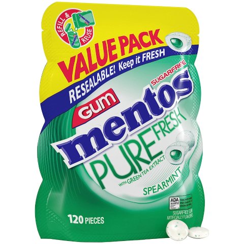 Mentos Pure Fresh Sugar-Free Chewing Gum with Xylitol, Spearmint, 120 Piece