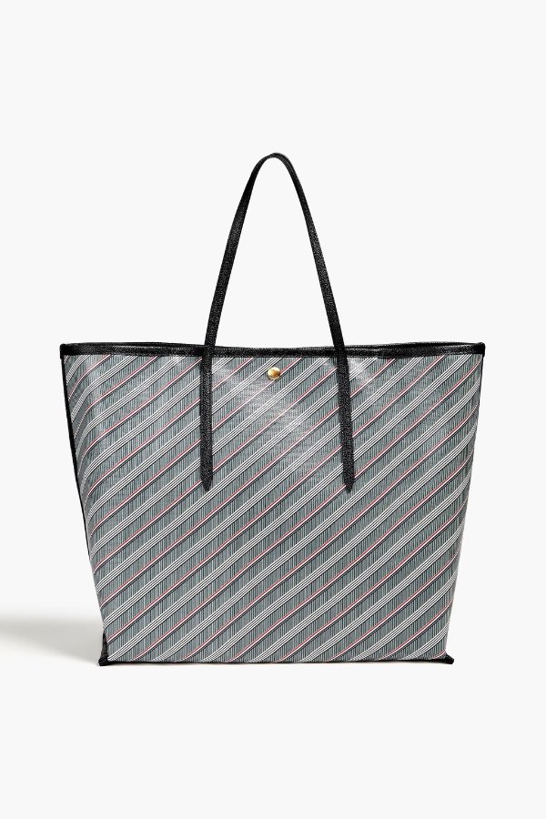 Leather-trimmed striped coated-canvas tote