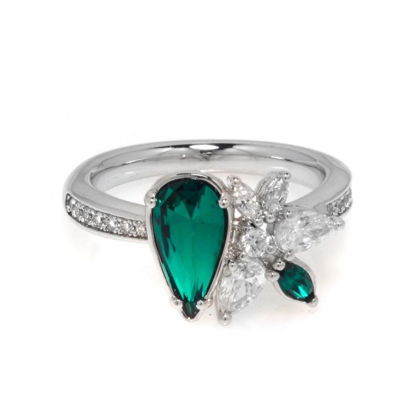 Botanical Rhodium Plated And Emerald Crystal Ring Sz 5.75 5535843