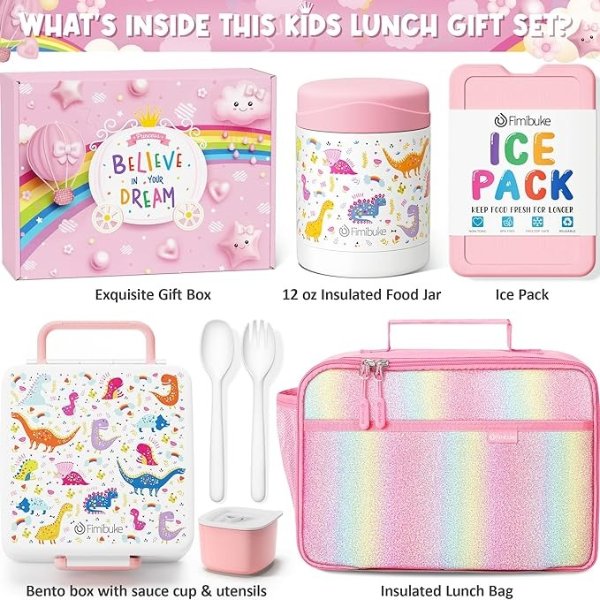 Kids Bento Snack Lunch Box with 4 Compartment, Insulated lunch Bag, Stainless Steel Vacuum Thermos Food Jar, Ice Pack, Utensils Set, Birthday Gift for Age 3-12 Back to School Toddler Girl Boy