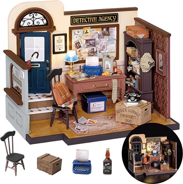DIY Miniature House Kits, Tiny House for Adults to Build, Mayberry Street Miniature Model Kits with Lights, DIY Crafts/Birthday Gifts/Home Decor for Family and Friends (Mose's Detective Agency)