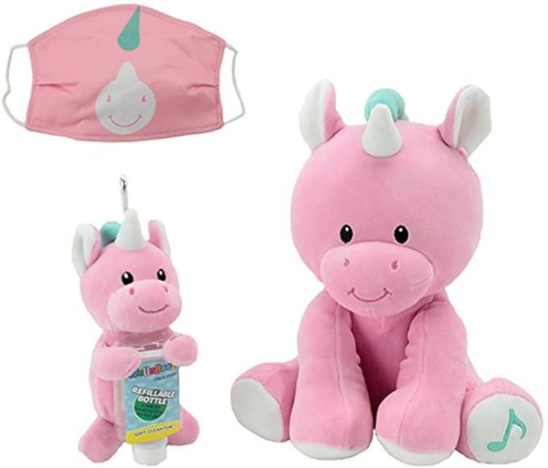 Adventure, WelloBeez – Antimicrobial Plush, Musical Clean Crew – Plush with Hand-Washing Song + Clip & Clean – Plush Keychain with Empty, Refillable Sanitizer Bottle and Face Mask – Unicorn