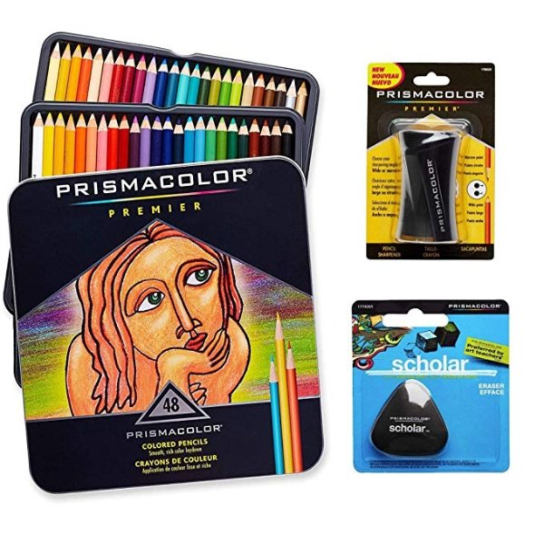 Prismacolor Quality Art Set - Premier Colored Pencils 48 Pack, Premier Pencil Sharpener 1 Pack and Latex-Free Scholar Eraser 1 Pack