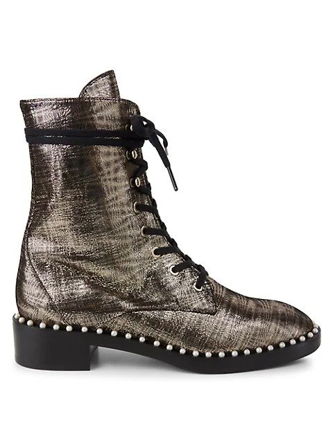 Sondra Faux Pearl-Embellished Metallic Leather Combat Boots