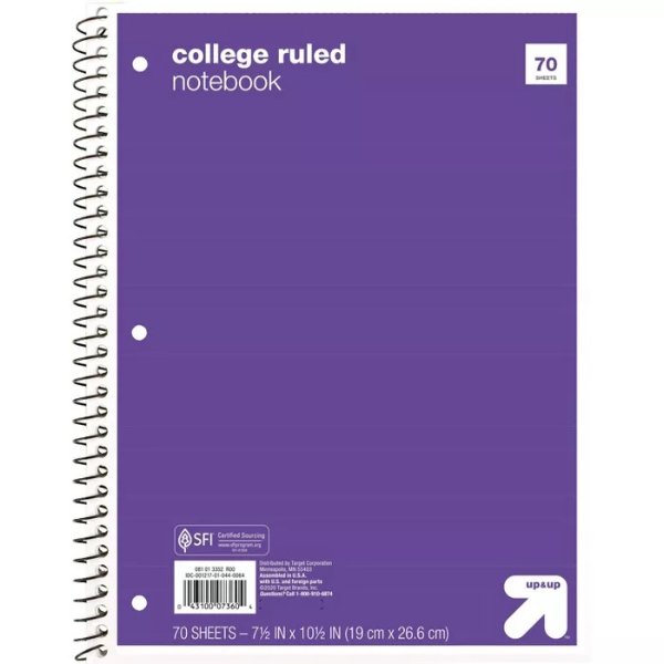 College Ruled 1 Subject Flexible Paperboard Cover Spiral Notebook - Up&Up™