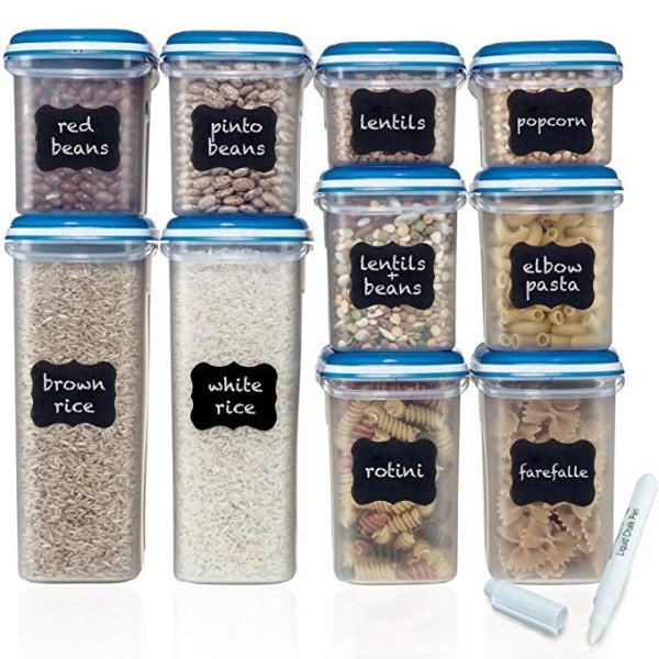 Food Storage Containers 20-Piece Set (10 Container Set) - Airtight Dry Food with Innovative Dual Utility Interchangeable Lid, FREE Chalkboard Labels. One Lid Fits All, Freezer Safe, Space Saver