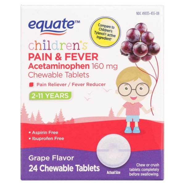 Children's Grape Pain & Fever Relief Medicine, 160 mg, 24ct Chewable Tablets