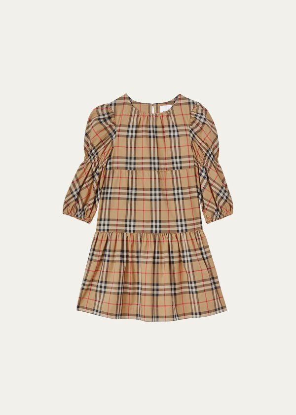 Girl's Shirley Puff-Sleeve Check Dress, Size 3-14