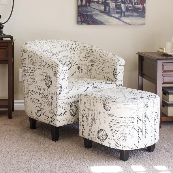 Linen Upholstered Barrel Accent Chair w/ Ottoman - White, French Print